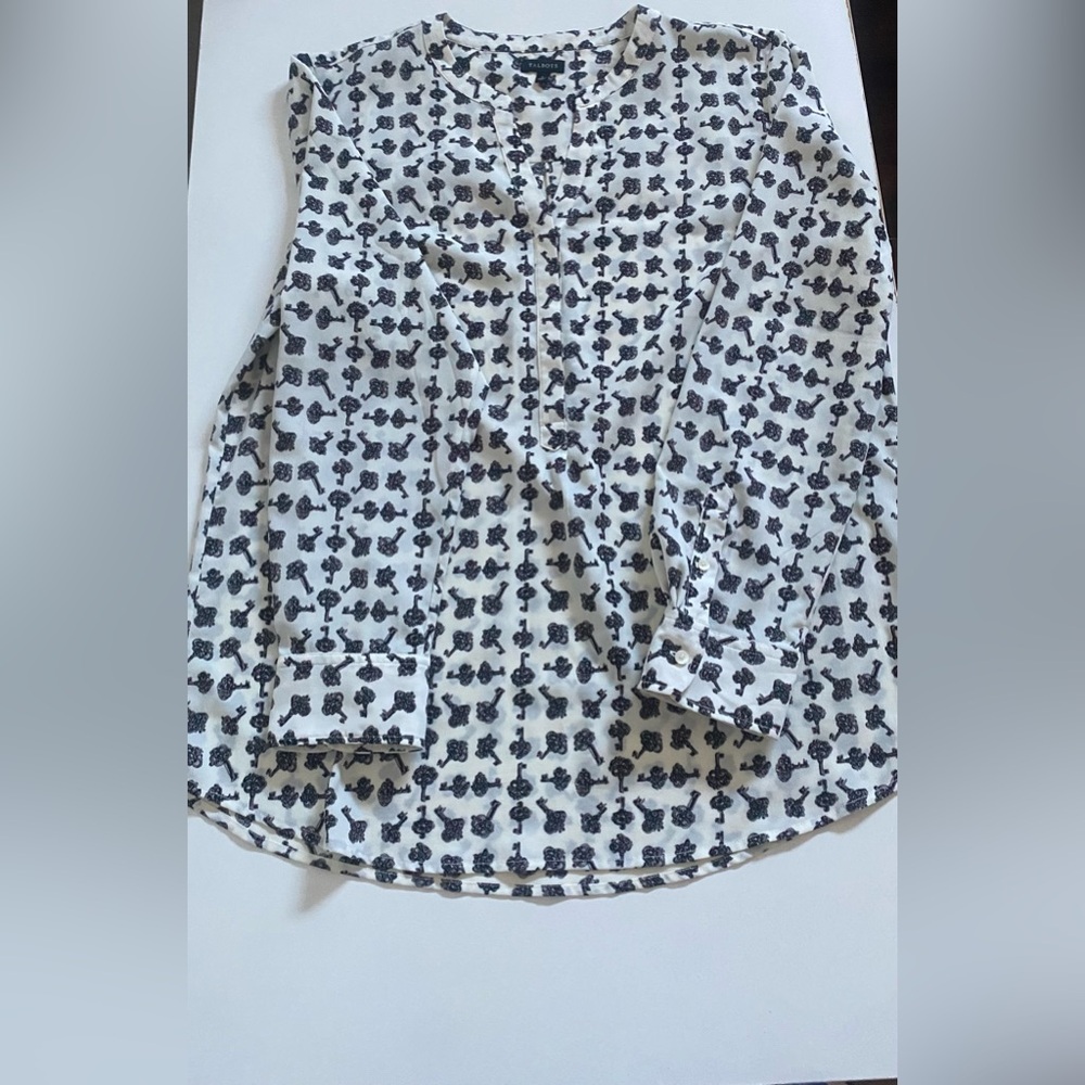 Talbots Long-Sleeve Blouse Black Novelty Key Print